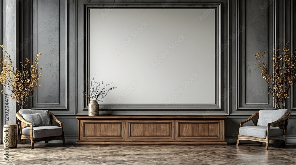 Aufkleber minimalist and clean room interior with a blank wall and a wooden cabinet below creating a modern an