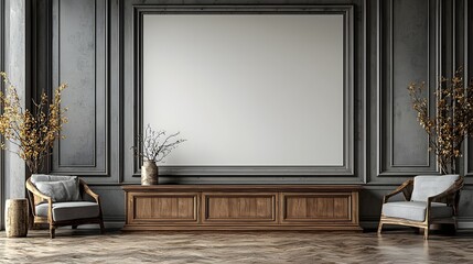 Minimalist and clean room interior with a blank wall and a wooden cabinet below creating a modern and simple space for design mockups 3D renders and digital artwork showcasing