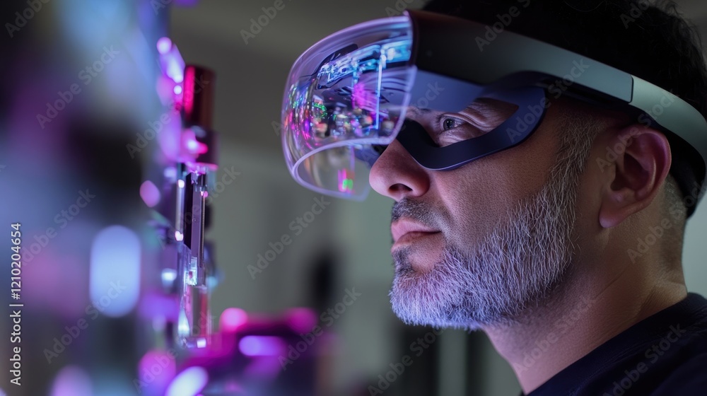 Poster electrical engineer wearing smart glasses is working with a futuristic interface analyzing electroni