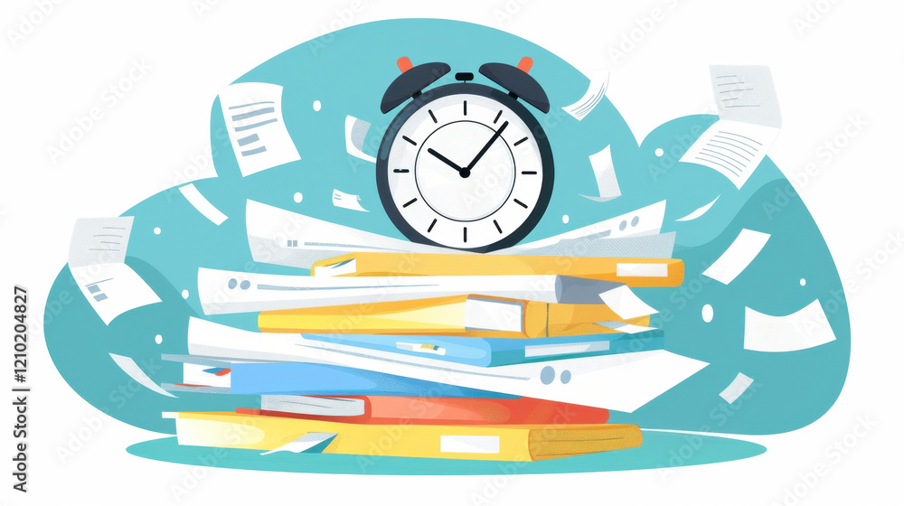Poster clock above chaotic stack of colorful folders and flying papers, symbolizing time management and org