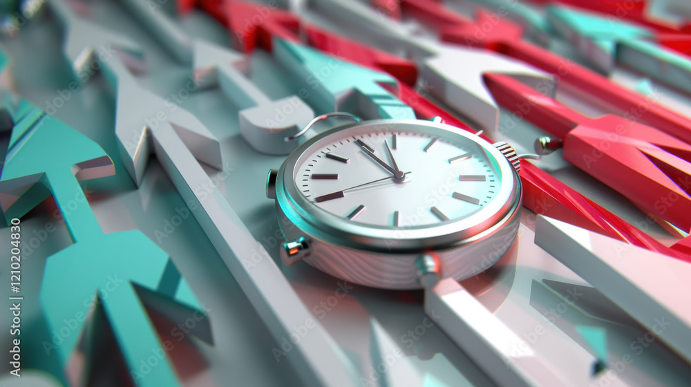 Poster close up of silver pocket watch resting on colorful background of arrows, symbolizing time and direc