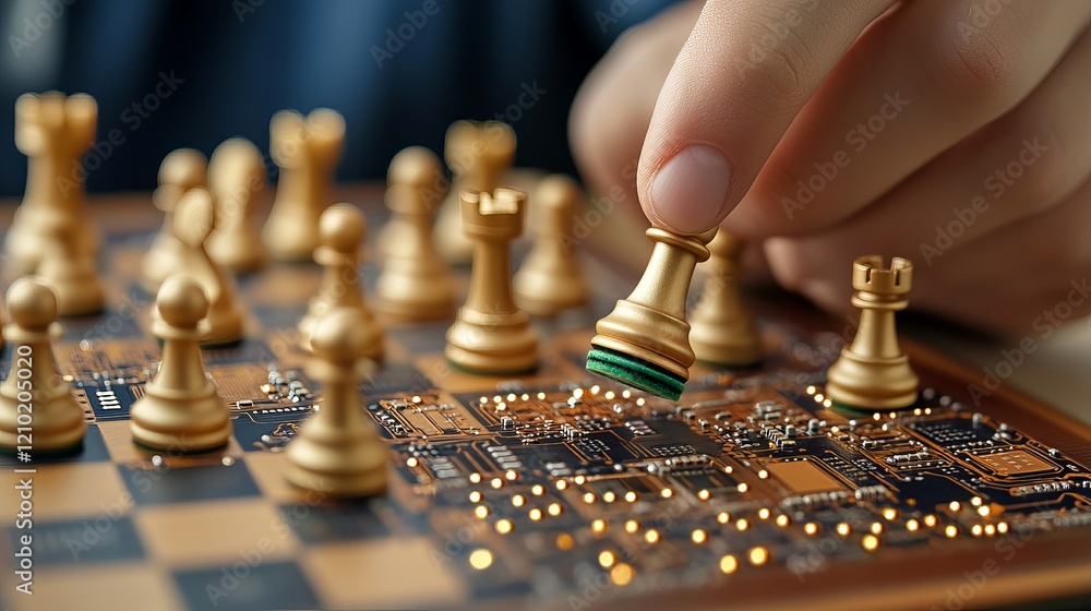 Poster a close-up of a hand moving a gold chess piece, emphasizing strategy and intelligence in a futuristi