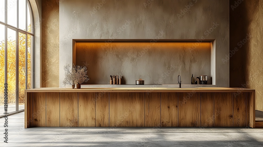 Aufkleber Elegant and minimalist wooden cabinet displayed against a plain wall in a simple modern interior design  This clean and sophisticated setup provides the perfect backdrop for product mockups