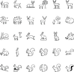 Forest Animals Line Art Deer, Rabbits, Squirrels, Nature Icons