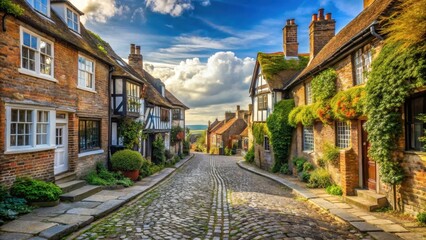 Fototapeta premium Ancient cobblestone street in Rye with worn stone pavement and old town buildings, sunny day with some clouds , rural landscape , cobblestone street