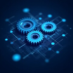 Interlocking Gears of Innovation: Three metallic gears interlock against a dark blue circuit board background, symbolizing seamless technological integration and innovation.  
