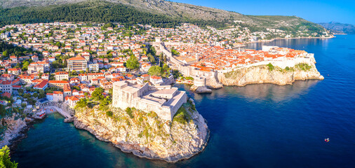 Historic city of Dubrovnik walls and fortress aerial panoramic view