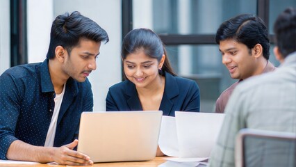 Obraz premium Tech Startup Meeting – A group of young Indian entrepreneurs working on a tech startup project. 