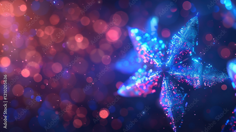 Poster vibrant abstract flower design with glowing particles and bokeh effects, creating magical atmosphere