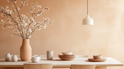 Soft pastel amber and lavender interior design featuring a minimalist dining table with decorative elements