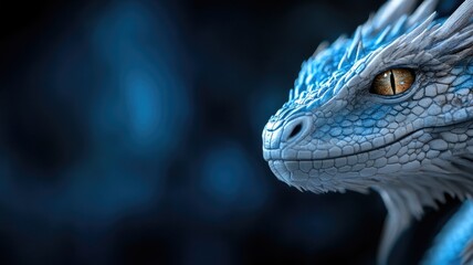 Fototapeta premium Detailed close-up of blue dragon with textured scales and piercing amber eyes in dark fantasy setting