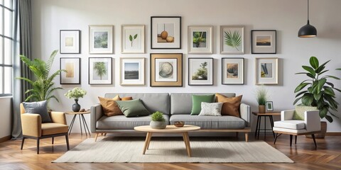 Obraz premium Modern living room with a sleek frame gallery wall featuring a mix of art prints and photographs in various frames and sizes on white walls , interior design, minimalist style