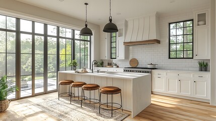 Bright contemporary kitchen featuring an agent using a laptop for blogging, clean organized space, realistic 8K resolution,