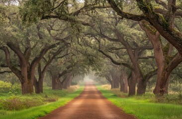 Fototapeta premium Scenic Country Road Lined with Majestic Oak Trees