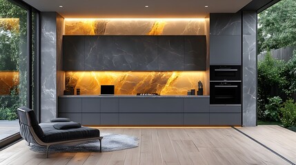 Bright contemporary kitchen featuring an agent using a laptop for blogging, clean organized space, realistic 8K resolution,