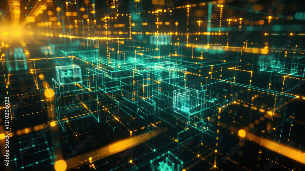 Poster futuristic digital landscape with glowing lines and cubes, representing data flow and technology. vi