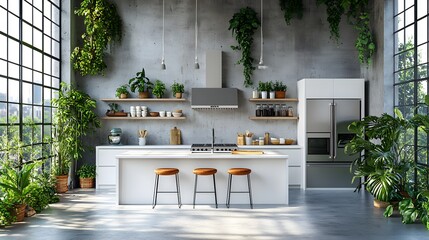 Bright open kitchen with sleek white cabinets, an agent working on a blog article, realistic 8K resolution,