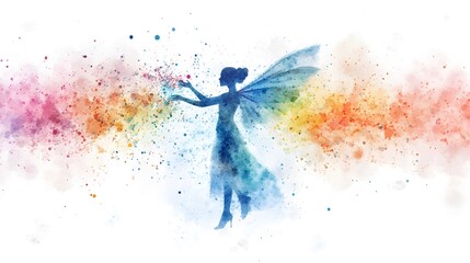 Silhouette of a Fairy with Colorful Splashes and Background of Magical Watercolor Style Art