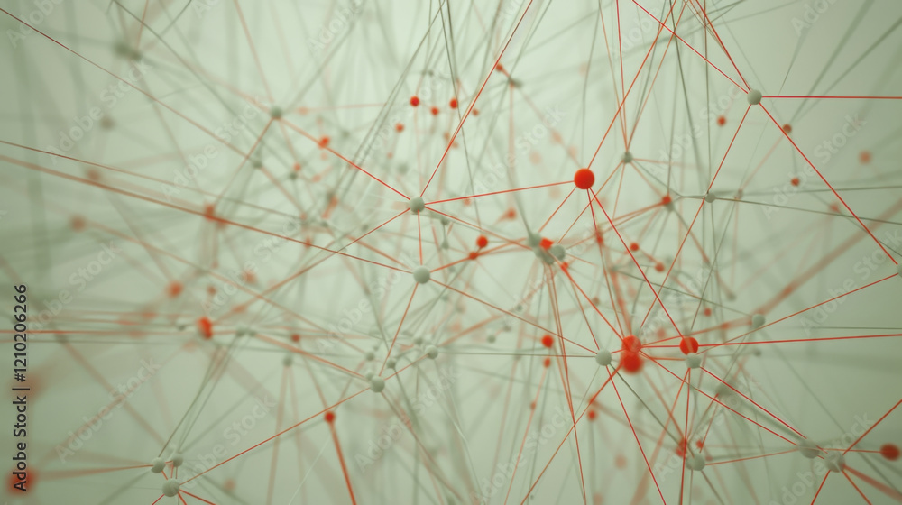 Poster abstract network design with interconnected nodes and lines, featuring red and white elements. this 