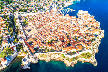 Historic city of Dubrovnik walls and archipelago aerial view