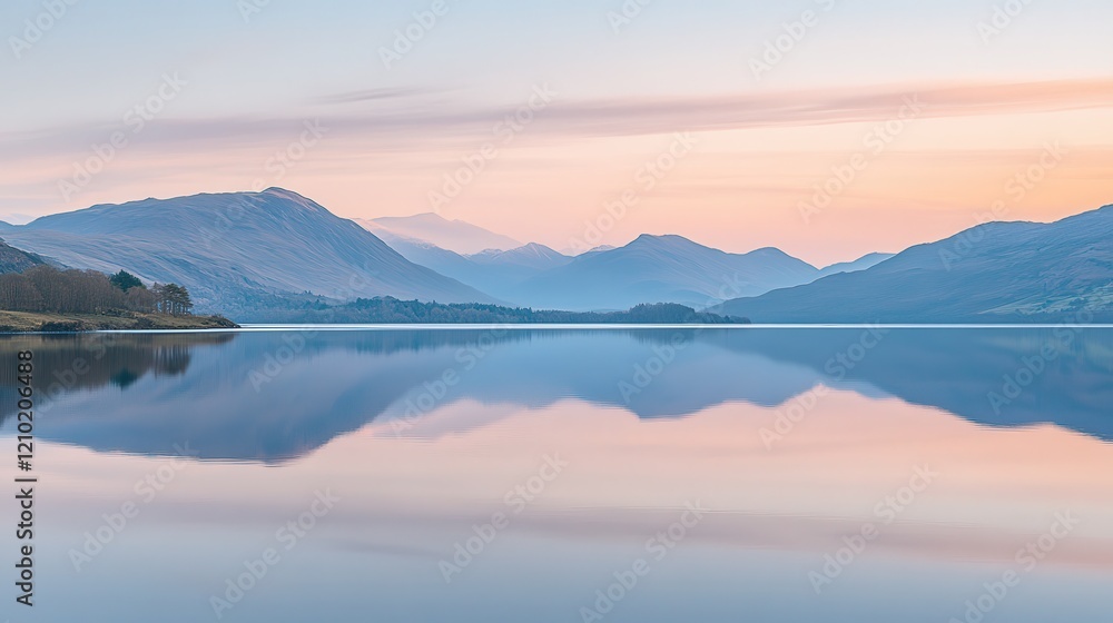 Poster serene mountain lake reflecting soft hues of dawn with surrounding peaks in the distance
