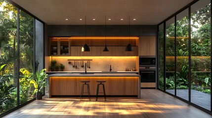 Sleek kitchen interior with hardwood flooring, bright lighting, an agent discussing a blog concept, realistic 8K resolution,