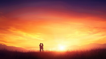 Fototapeta premium Romantic Silhouette of Couple Embracing at Sunset Over Horizon