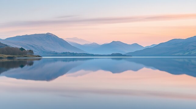 Serene mountain lake reflecting soft hues of dawn with surrounding peaks in the distance