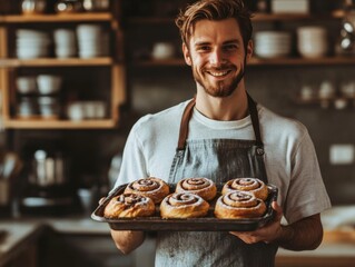 Portrait of a baker smiling while presenting warm cinnamon rolls in a cozy bakery in the morning