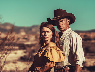 Vintage cowboy western style man and woman outdoor in arid mountainous landscape.