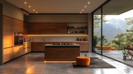 Bright contemporary kitchen showcasing an agent working on a laptop with clean and modern details, realistic 8K resolution,