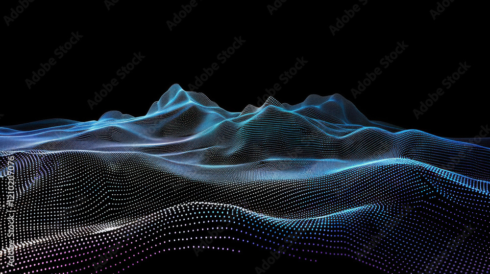 Poster digital landscape with flowing lines and dots, creating wave like effect. design features dark backg