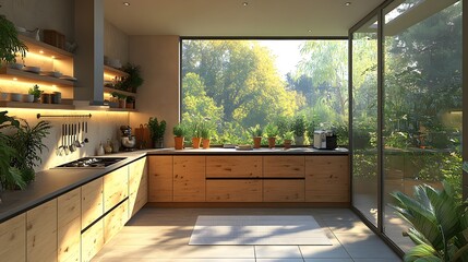 Minimalist clean kitchen interior with an agent organizing a blogging event, sleek and bright ambiance, realistic 8K resolution,