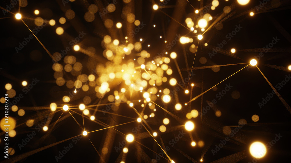 Poster bright golden particles and lines create dynamic abstract background, evoking sense of energy and co