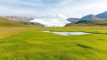 Fototapeta premium Lush green meadow with a small pond in front of a massive glacier under a cloudy sky.