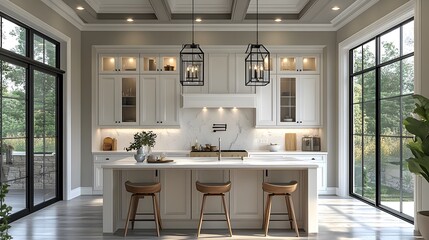 Fototapeta premium Elegant white kitchen featuring an agent arranging decor for a blog setup, clean lighting, realistic 8K resolution,