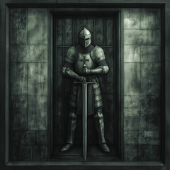 Obraz premium A medium shot of a knight in filigree armor, standing in a gothic doorway, black and white tones, intricate details, stone walls, medieval aesthetic. 