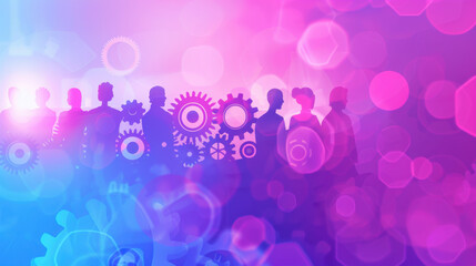 Innovative teamwork concept with silhouettes and gears, symbolizing collaboration and creativity in vibrant, colorful background