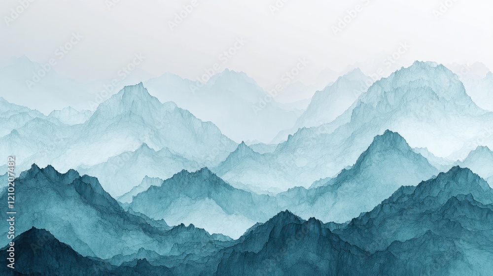 Poster gradient of jagged minimalist pencil strokes depicting mountain silhouettes with depth and tranquili