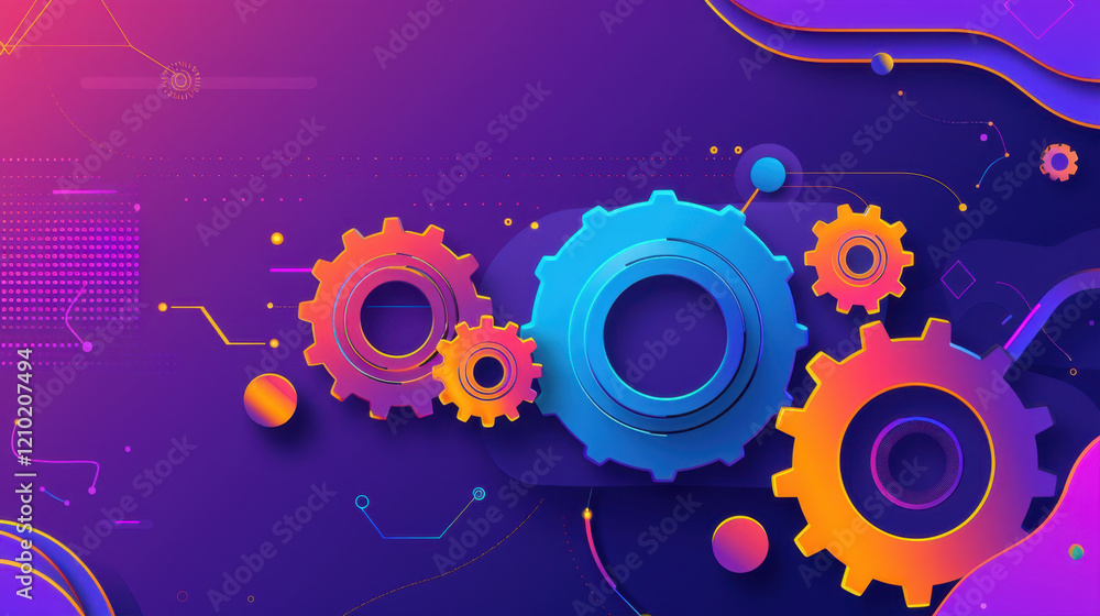 Poster colorful gears on vibrant purple background, representing technology and innovation. design features