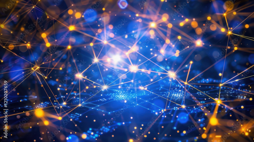 Poster digital network connections with glowing nodes and lines create vibrant, abstract background. blue a