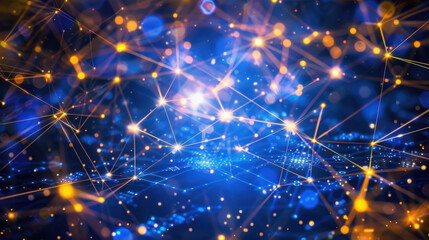 Digital network connections with glowing nodes and lines create vibrant, abstract background. blue and orange colors evoke sense of technology and innovation