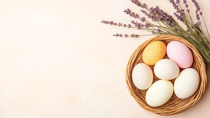 A luminous Easter egg nestled in a delicate nest, soft lavender decor and soft cream background