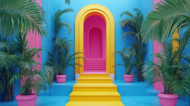 Tropical archway entrance, vibrant colors, stairs, digital art, background design