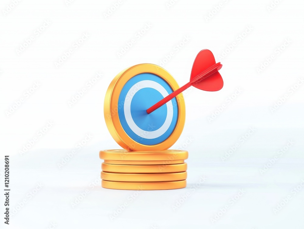 Poster a colorful target with an arrow hit in the center, placed on a stack of coins, symbolizing success, 