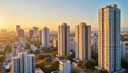 Obraz premium Modern apartment complex at golden hour, urban development vision