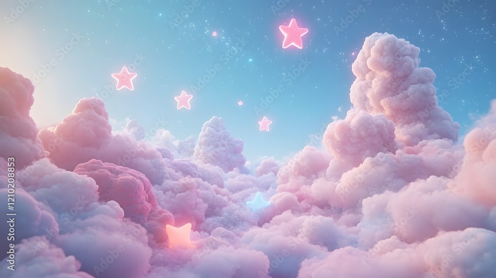 Poster youthful pastel clouds and glowing stars create a gentle whimsical texture with soft gradients and a