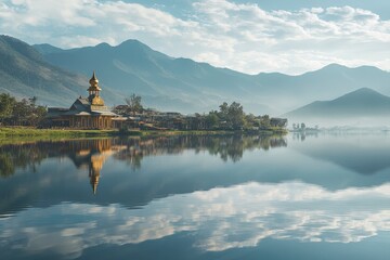Obraz premium Serene Lake Temple Sunrise Mountain Landscape