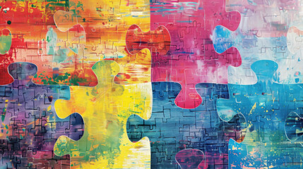Colorful abstract puzzle pieces create vibrant and artistic composition, showcasing blend of hues and textures that evoke creativity and playfulness