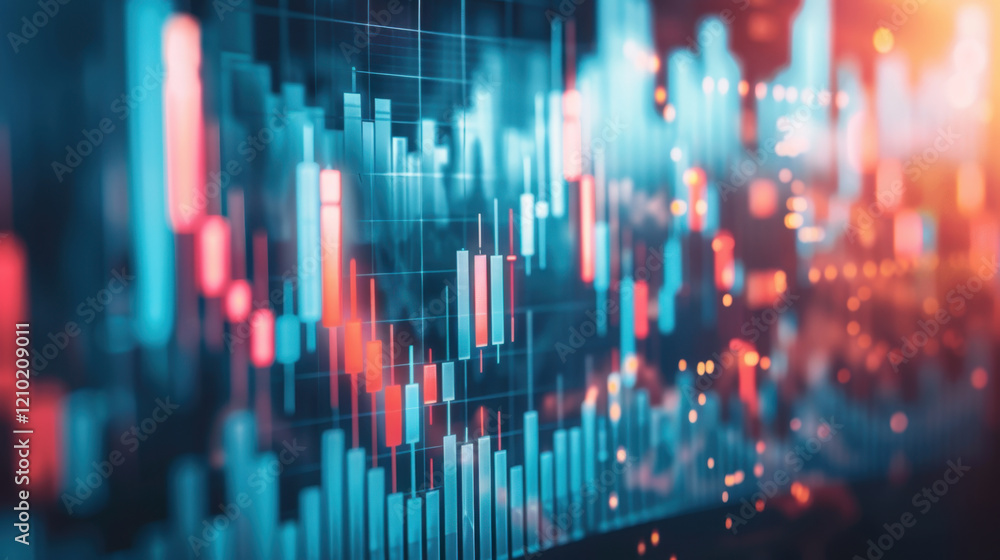 Poster financial data visualization with colorful candlestick charts and graphs, representing market trends